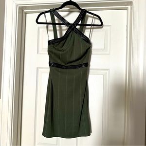 Topshop high neck bodycon leather chain detail olive green mini dress